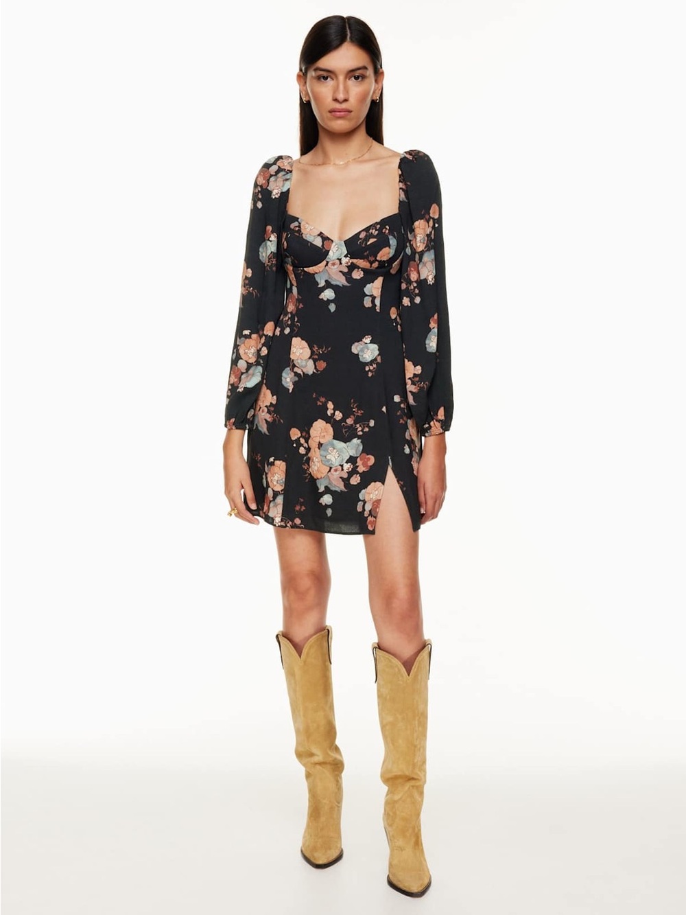 Aritzia Wilfred Novella Dress Mini Black Maplewood Puff Sleeve Floral